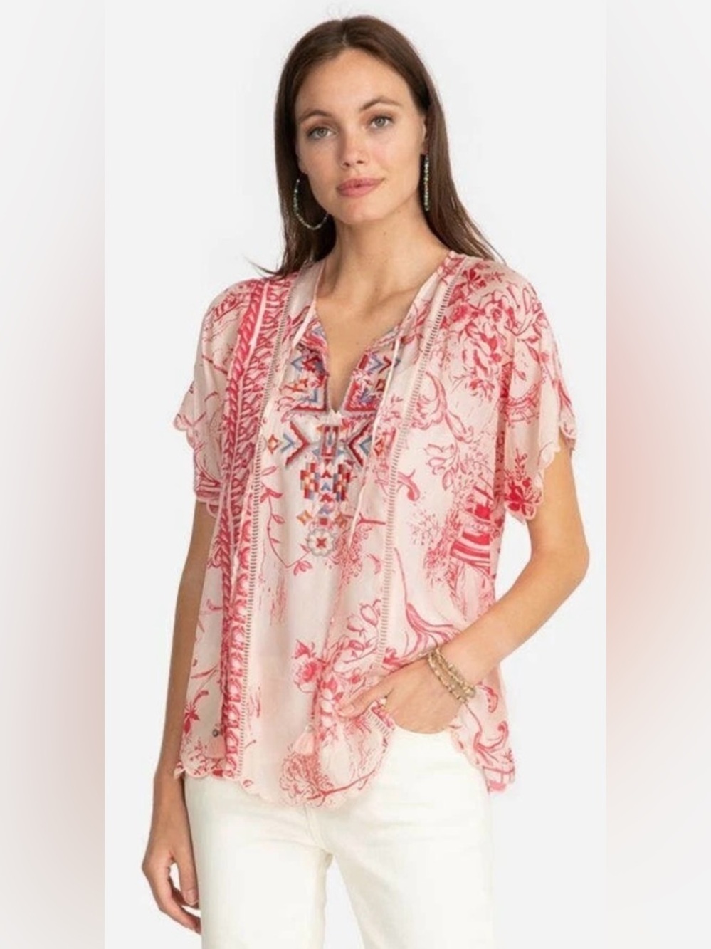 Johnny Was Virgil Embroidered Floral Silk Top, Size S